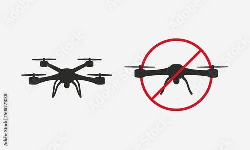 Drone icons set. No fly zone icon, Drone with prohibit sign. Drone silhouettes  isolated on white background. Vector drone icons.