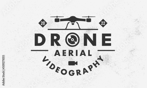 Drone, UAV videography logo, poster. Drone trendy logo with drone and video camera icons. Vector emblem template.