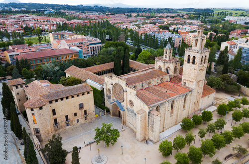 Fotografía View from drone of ancient Benedictine abbey in Sant Cugat del Valles, Catalonia, Spain