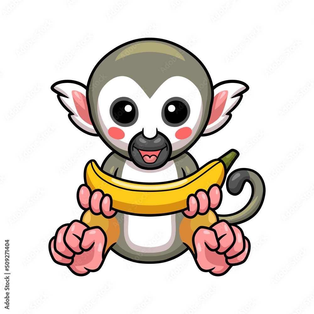 Cute little squirrel monkey cartoon holding banana