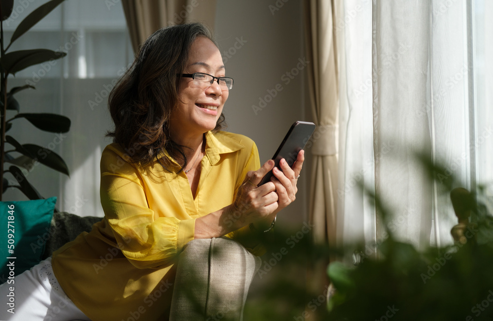 Happy middle aged woman resting on comfortable couch in bright living room and using smart phone.