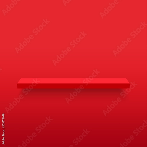 3d red wooden horizontal empty shelf. Vector
