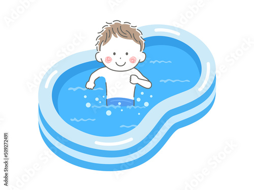 家庭用のビニールプールで遊ぶ、水着の男の子のイラスト
