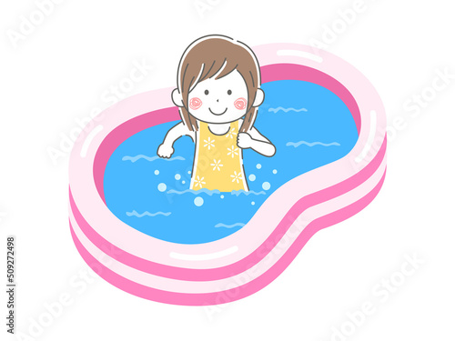 家庭用のビニールプールで遊ぶ、水着の女の子のイラスト