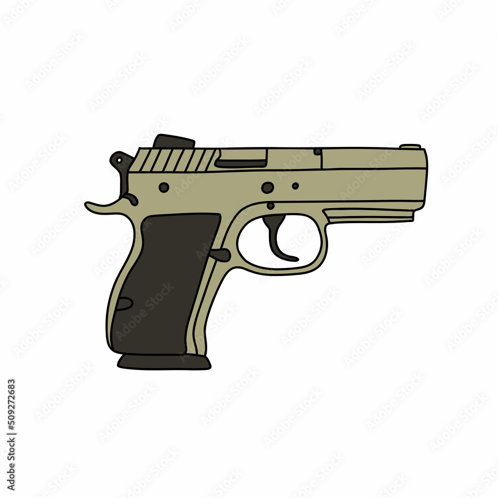 9mm ruger sr9 pistol doodle icon, vector color line illustration