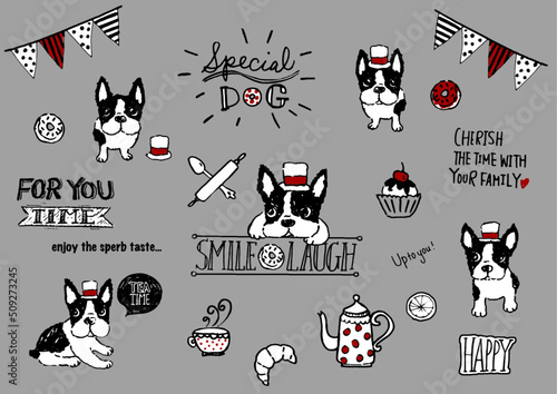 FrenchBull Dods 手描きのフレンチブルドックのイラスト　カフェ風のイラスト