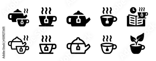 Tea vector icon set. Teapot hot beverage for breakfast symbol.