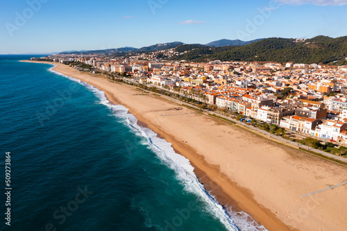 Photography View from drone of Mediterranean seascape of Malgrat de Mar city, Catalonia, pro