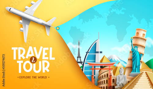 Travel worldwide vector concept design. Travel and tour text with 3d airplane and international destination landmark for explore the world travelling places. Vector illustration.
 photo