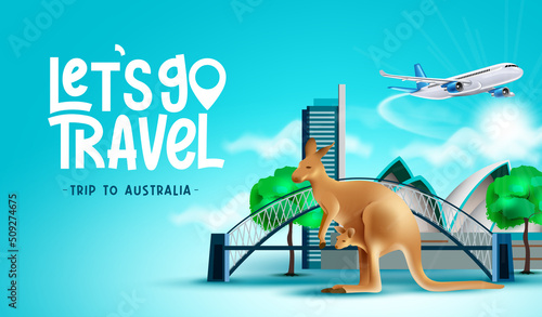 Travel australia vector background design. Lets go travel to australia  text with buildings, bridge and kangaroo landmark elements for country adventure visit. Vector illustration.
