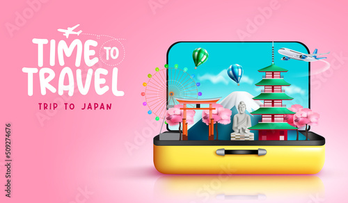 Travel japan vector design. Travel time trip to japan text with country landmark, structure, nature and cherry blossom elements for fun and enjoy travelling adventure. Vector illustration.
