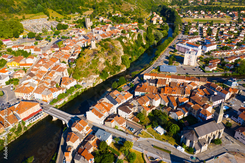 Aerial view of old stone houses and streets of Tarascon-sur-Ariege, France