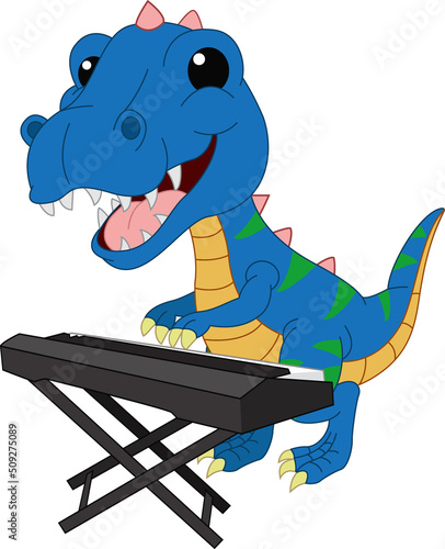 Cute blue dinosaur cartoon playing a piano