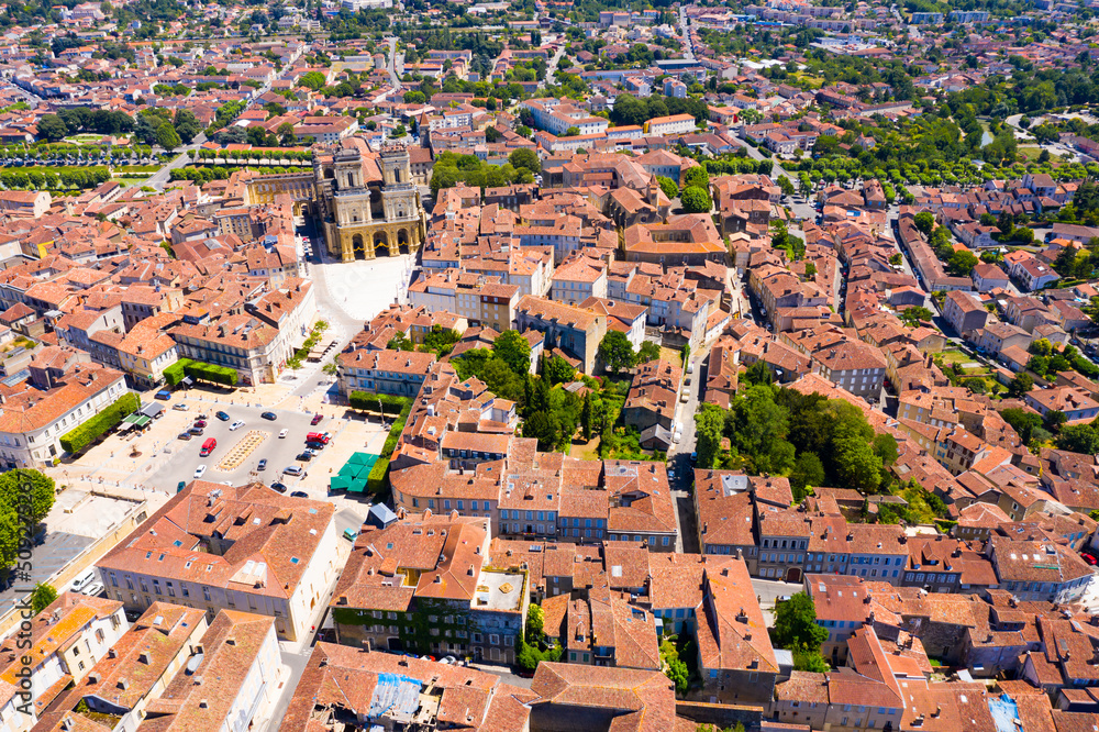 Aerial view of Roman Catholic Auch Cathedral on background of summer cityscape, France