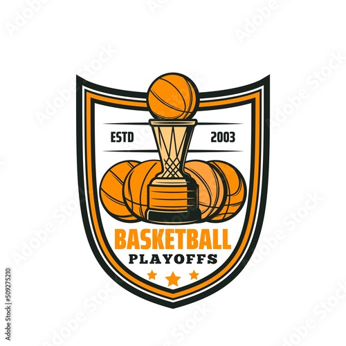 Basketball playoffs vector icon with sport balls, championship trophy or winner cup in shape of gold basket and ball. Isolated heraldic shield with basketball game equipment, sporting competition