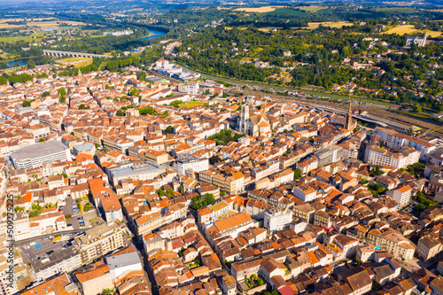 Fototapeta Naklejka Na Ścianę i Meble -  Panoramic view from the drone on the city Agen. France