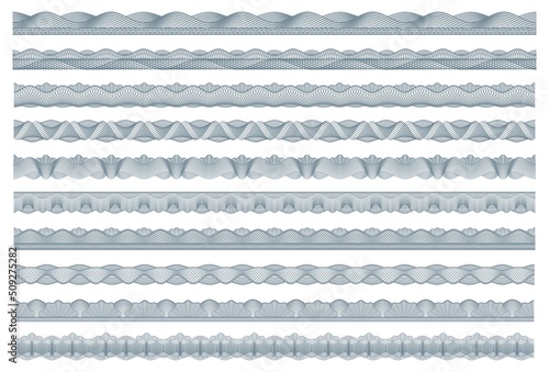 Guilloche borders, bank money, diploma and certificate security frames, vector pattern, Banknote currency guilloche borders for bank voucher or money security seals with watermark line ornament