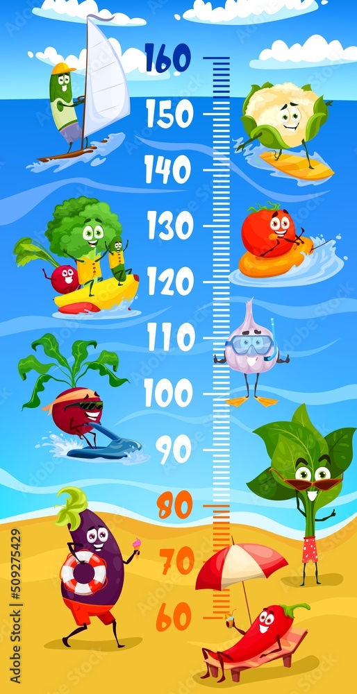 Naklejka premium Cartoon vegetable characters on summer vacation. Kids height chart, growth meter. Vector cucumber, broccoli, radish and eggplant, chili pepper, spinach, garlic and tomato with cauliflower wall ruler