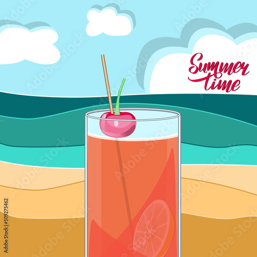 Vector illustration with cocktail Tequila Sunrise with cherry and seascape on background in flat technique 