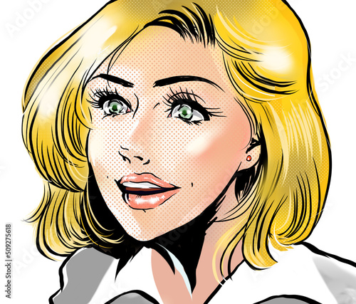 American comic book style color illustration of a sexy American blonde beauty wearing suit.