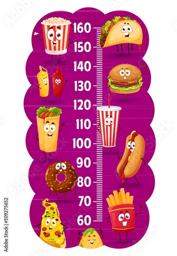 Fast food cartoon characters on kids height chart. Children growth measure meter ruler scale with popcorn bucket, tacos, burrito, hamburger and hot dog, pizza, french fries and donut, soda and nachos