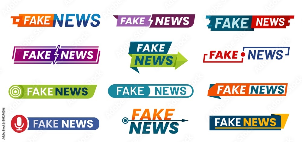 Obraz premium Fake news icons and backgrounds for social media disinformation, vector banners. Fake news header for newspaper hoax or live broadcast in TV studio, fake information and propaganda message signs