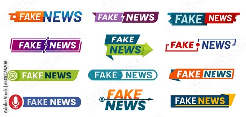 Fake news icons and backgrounds for social media disinformation, vector banners. Fake news header for newspaper hoax or live broadcast in TV studio, fake information and propaganda message signs