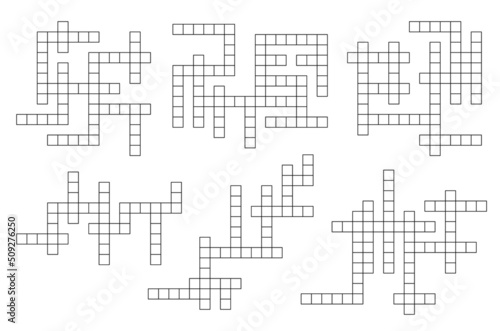 Crossword puzzle, find word riddle grids collection. Intellectual playing activity, text puzzle or quiz. Educational game or crossword riddle vector grids set