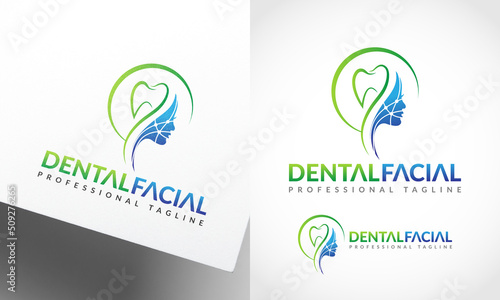 Dental Teeth With Facial Surgery Logo design vector icon symbol illustration. Facial Tech with dental implant. Perfect for health medical business, spa, cosmetics, beauty health service provider.