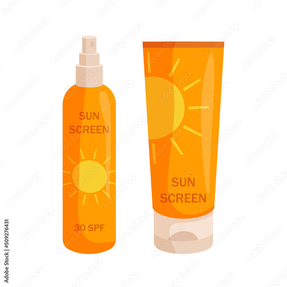 Tube of sunscreen and spray. Protection for the skin from solar ultraviolet light. Flat vector illustration isolated on white background. Tube of sunscreen and spray. Protection for the skin from solar ultraviolet light. Flat vector illustration isolated on white background.
