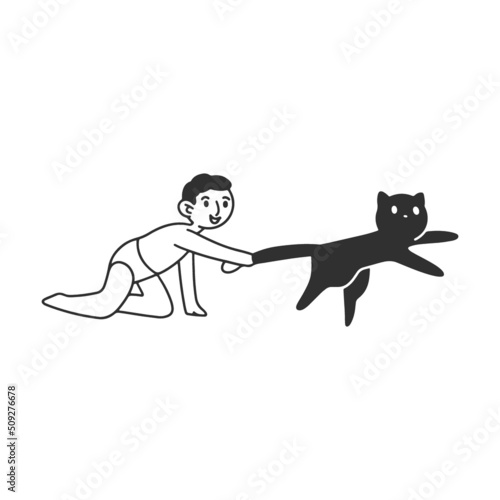 Small child pulls cat by tail. flat vector illustration. Mischievous and naughty children playing and destroying room