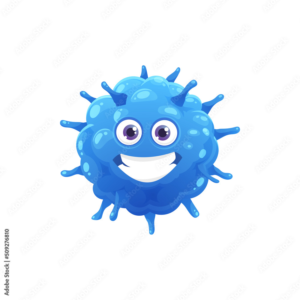 Cartoon funny virus or microbe character. Blue bacteria, microorganism cute smiling mascot, happy smiling germ cell biology and healthcare isolated vector character or personage