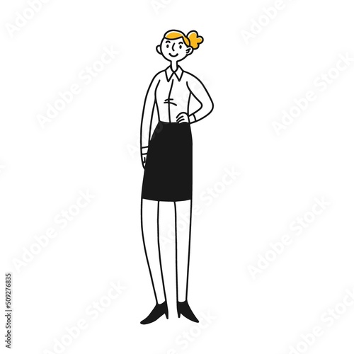 Woman office worker in a skirt. Creative team in their office. Group of happy, friendly, united people standing together flat vector illustration. Teamwork, cooperation