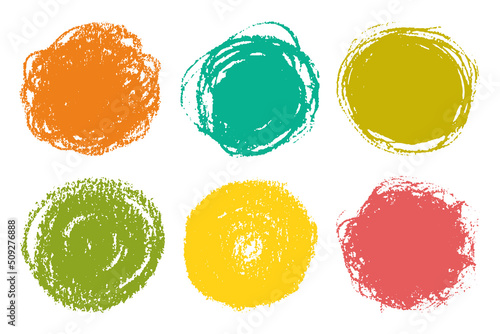 Set of chalk hand drawn  circles, round design elements on white background. Abstract freehand bright spots.  Isolated vector circle shapes as blank stamp, seal, frame, trendy modern background. 
