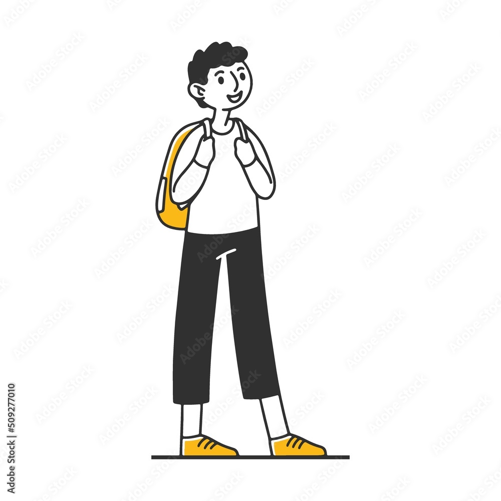 Schoolboy with a backpack on his back. Male character in ages of infant, child, teenager, adult, old person with cane. Vector illustration