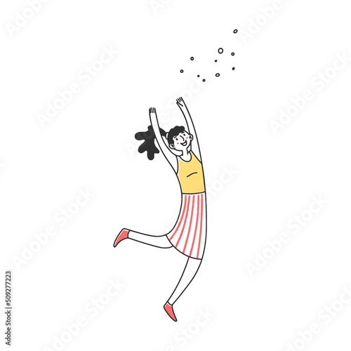 Woman throws festive confetti into the air. People driving arrow to target, celebrating success. Vector illustration challenge, aim, achievement, focus, purpose