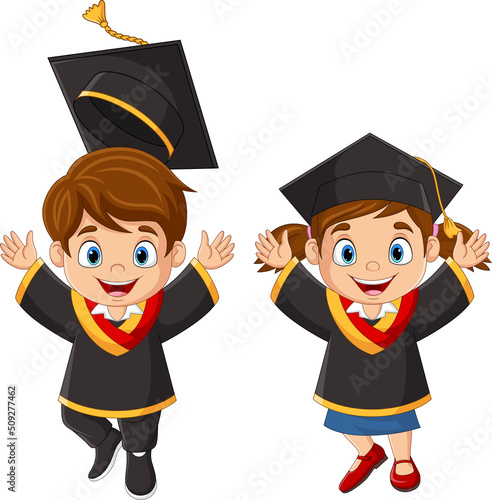 Cartoon happy children in graduation costumes