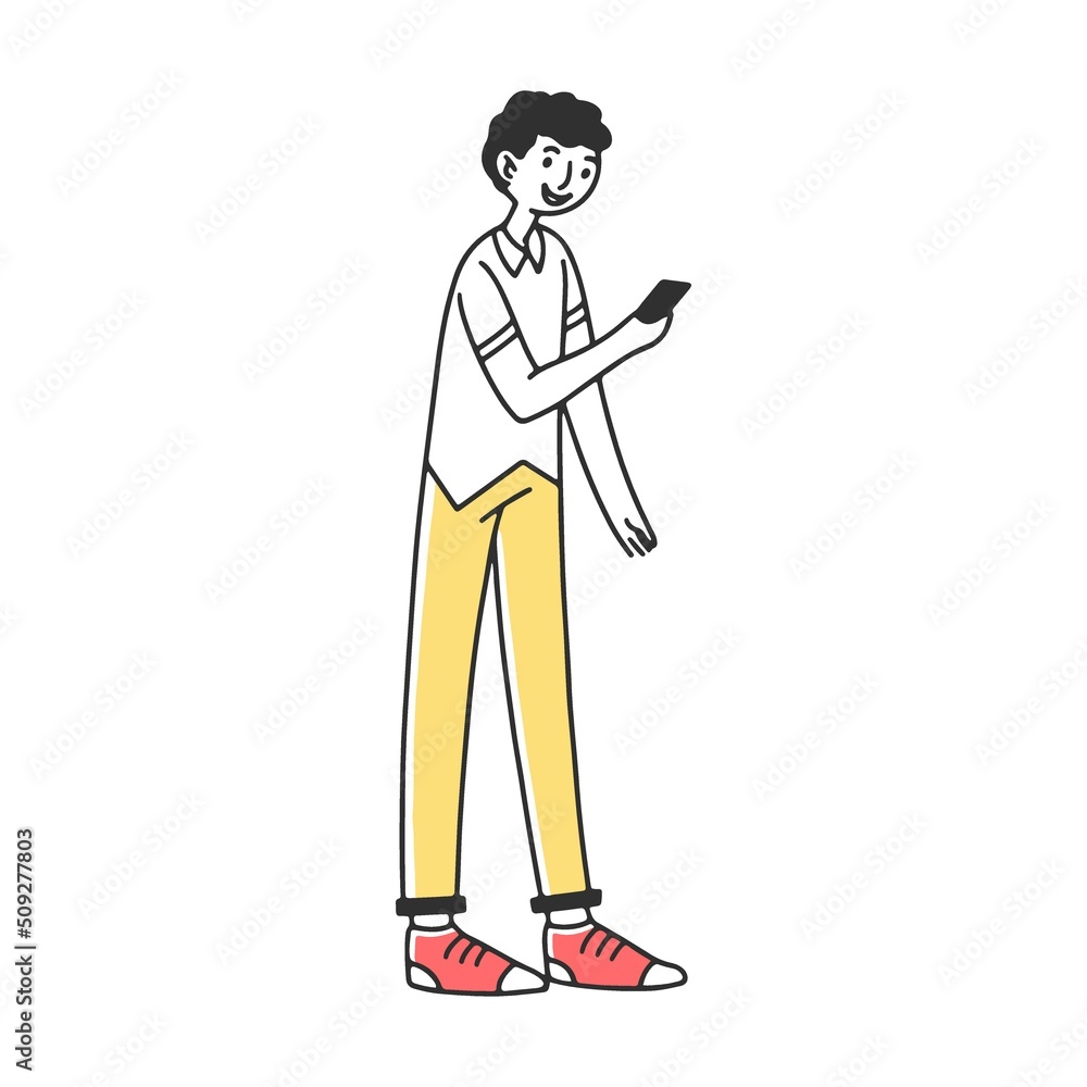 Young student using digital devices. Mobile phone users enjoying 5G high speed wireless internet connection. Vector illustration for interaction