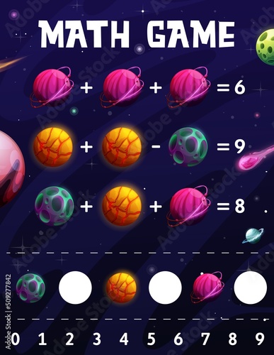 Cartoon space planets math game worksheet. Learn to count teaser, puzzle for addition and subtraction mathematics skills development. Vector ducation maze riddle activity for kids