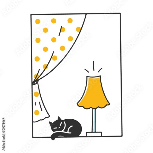 Open window with sleeping cat and lamp inside apartments. Exterior of building with neighbors, friends talking, reading book. Vector illustration