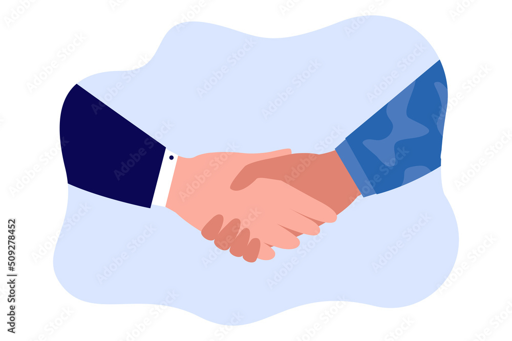 Hands of politician and soldier making deal. Agreement between military and government flat vector illustration. Diplomacy, peace, cooperation concept for banner, website design or landing web page - obrazy, fototapety, plakaty 