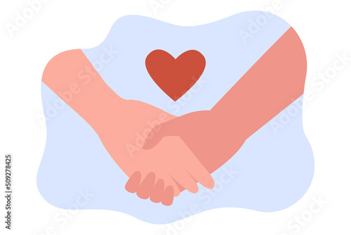 People holding hands and comic red heart. Hands of friends, couple or family members flat vector illustration. Love, care, friendship, charity concept for banner, website design or landing page