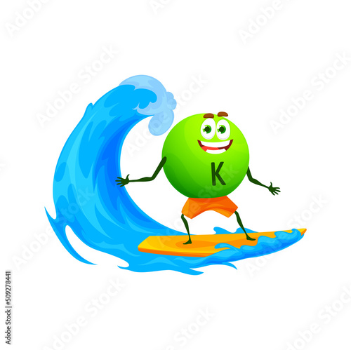 Cartoon potassium, kalium micronutrient on surf board. Funny vector K element sportsman character ride sea or ocean wave. Vitamin personage watersport recreation, summer holidays activity, vacation