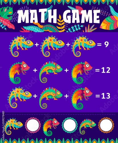 Mexican cartoon chameleons, math game worksheet, vector education maze. Math game puzzle on addition and extraction mathematics, kid school calculation skills worksheet puzzle with mexican chameleons