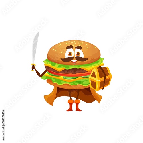 Cartoon cheeseburger pirate with chest. Vector burger fast food corsair character wear cape, holding saber and treasure in hands. Funny filibuster fastfood personage, takeaway cafe kids menu junk meal