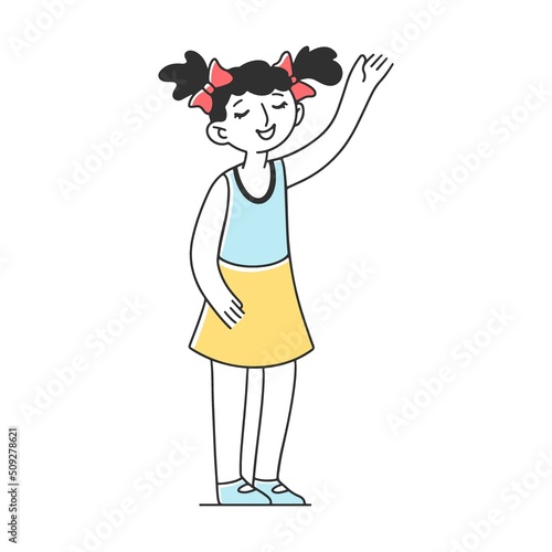Girl singing cheerful song flat vector illustration. Group of children singing together in church. Activity and friendship concept