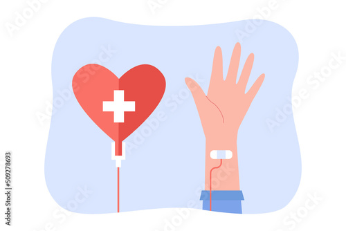 Volunteer donating blood flat vector illustration. Person donating lifeblood in laboratory. Blood transfusion or donation concept for banner, website design or landing web page