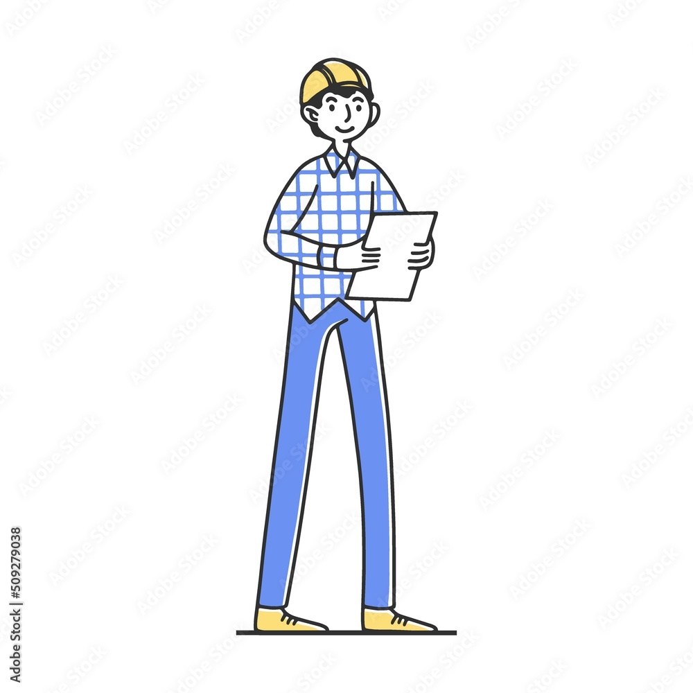 Architect with construction plan in hands. on construction site. Painter, engineer, foreman in helmets holding tools. Vector illustration for teamwork