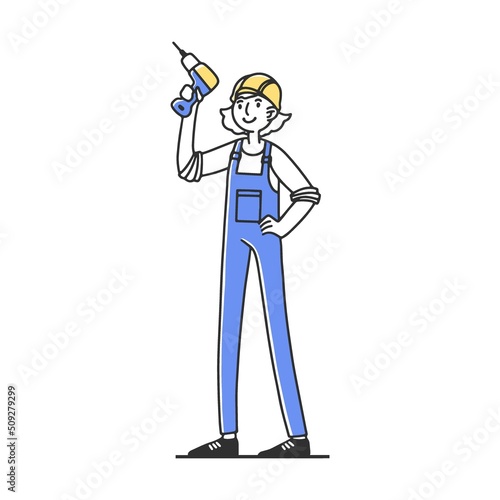Girl builder with drill in hand. on construction site. Painter, engineer, foreman in helmets holding tools. Vector illustration for teamwork