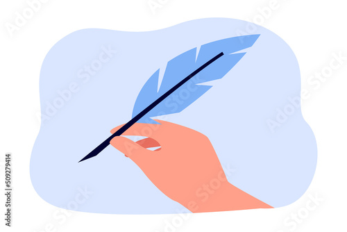 Hand of writer or poet holding quill pen. Person writing with feather flat vector illustration. Inspiration, creativity, journalism concept for banner, website design or landing web page
